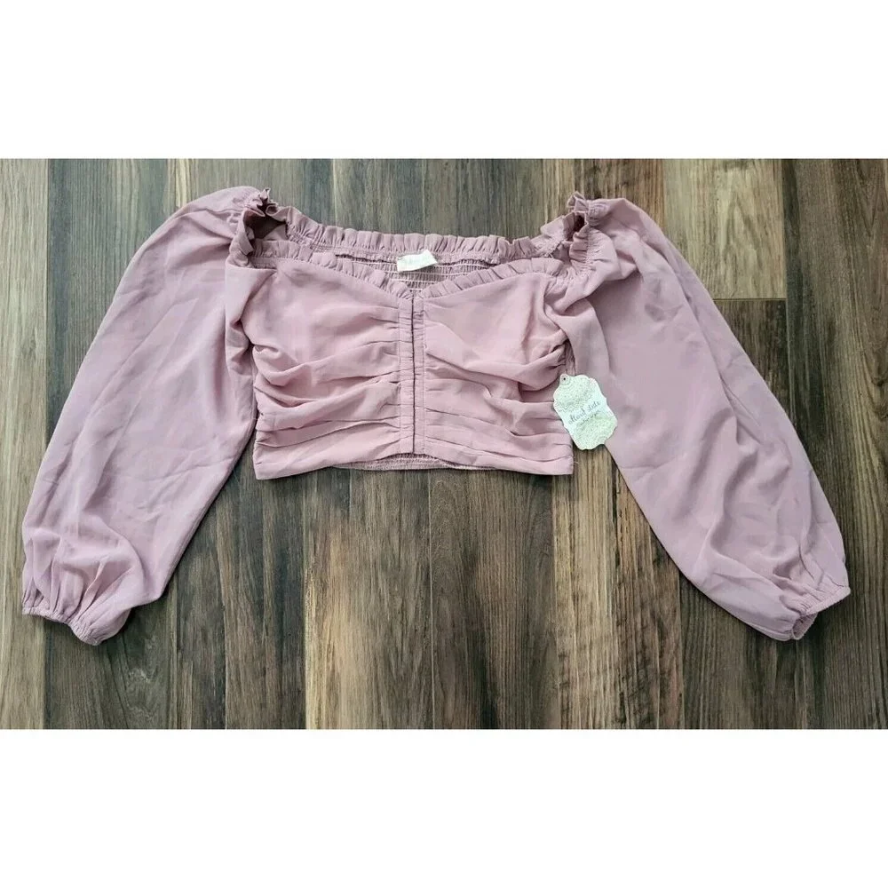 New Pink Chiffon Long Puff Sleeve Crop Corset Top Altar'd State Sz L Coquette - Picture 1 of 7